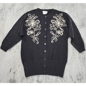 Vintage 80s Together! Embroidered Knit Cardigan‎ Sweater L Black Dolman Sleeves